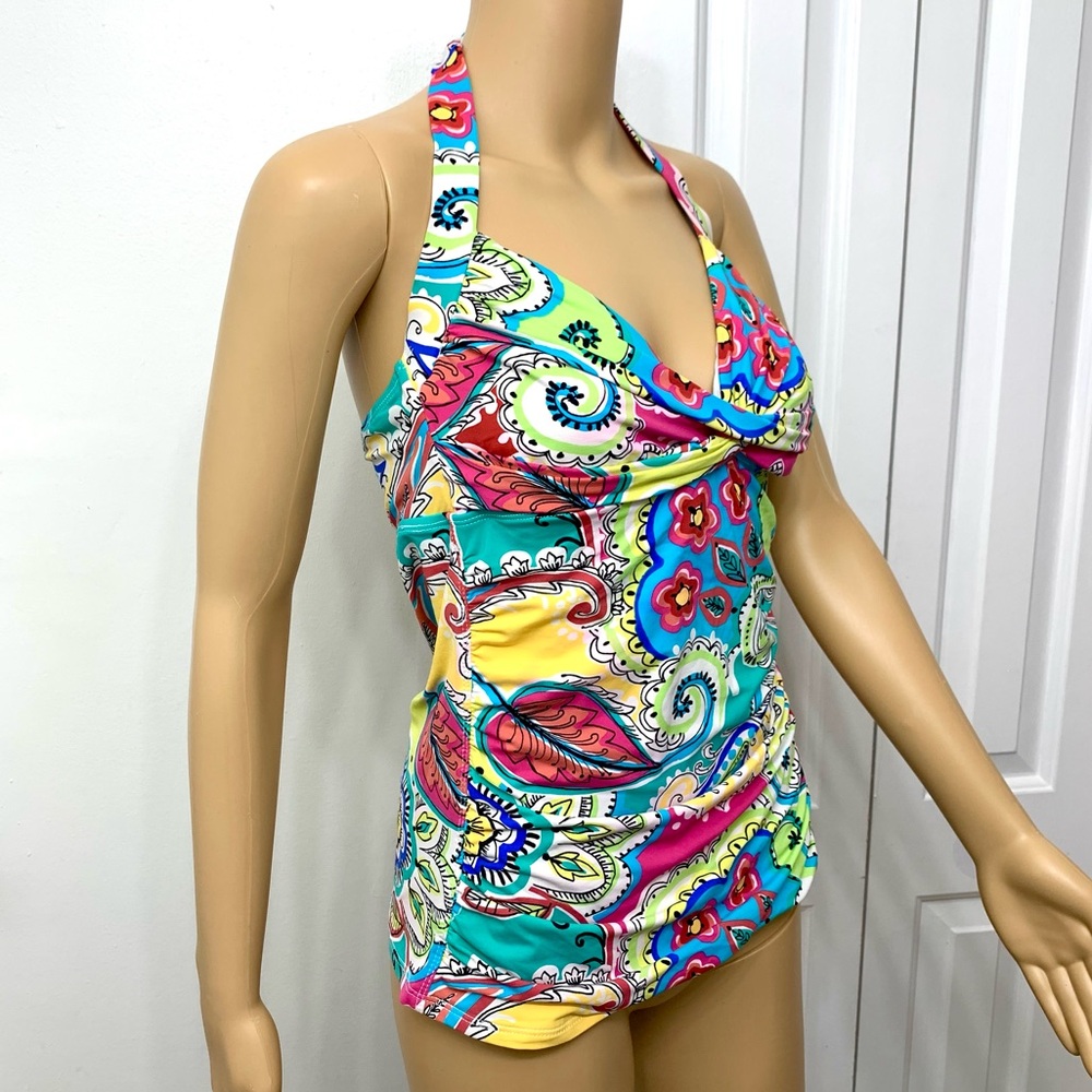Anne Cole Multicolor Floral Paisley Tankini Halter Ruched Bikini Top size L - Picture 2 of 8